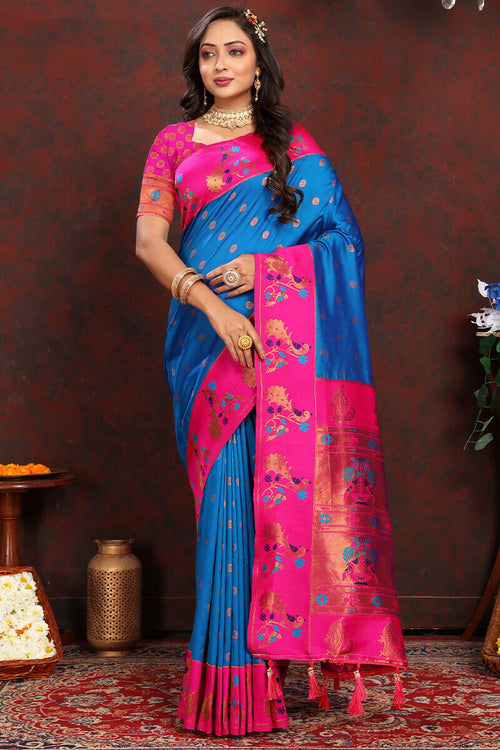 Load image into Gallery viewer, Capricious Blue Paithani Silk Saree With Glowing Blouse Piece
