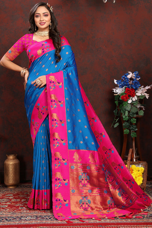 Load image into Gallery viewer, Capricious Blue Paithani Silk Saree With Glowing Blouse Piece
