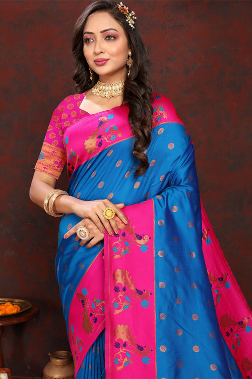 Load image into Gallery viewer, Capricious Blue Paithani Silk Saree With Glowing Blouse Piece
