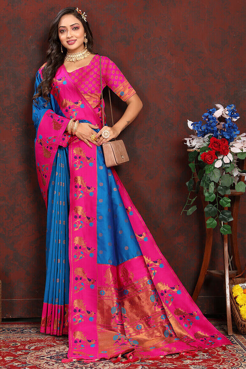 Load image into Gallery viewer, Capricious Blue Paithani Silk Saree With Glowing Blouse Piece
