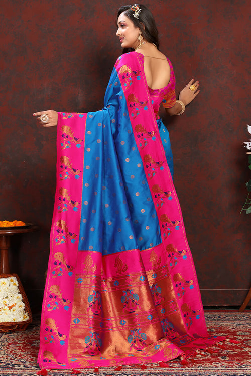 Load image into Gallery viewer, Capricious Blue Paithani Silk Saree With Glowing Blouse Piece
