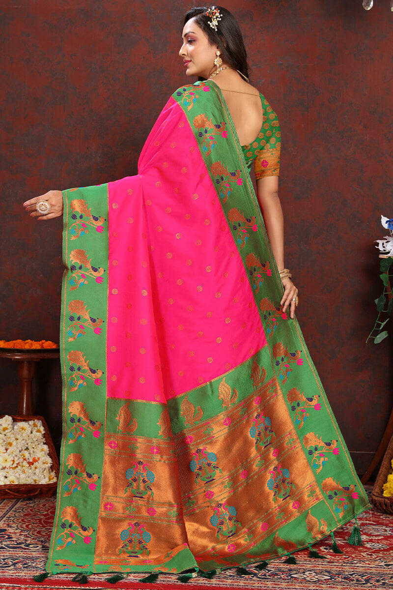 Arresting Dark Pink Paithani Silk Saree With Opulent Blouse Piece