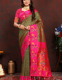 Breathtaking Mehndi Paithani Silk Saree With Designer Blouse Piece