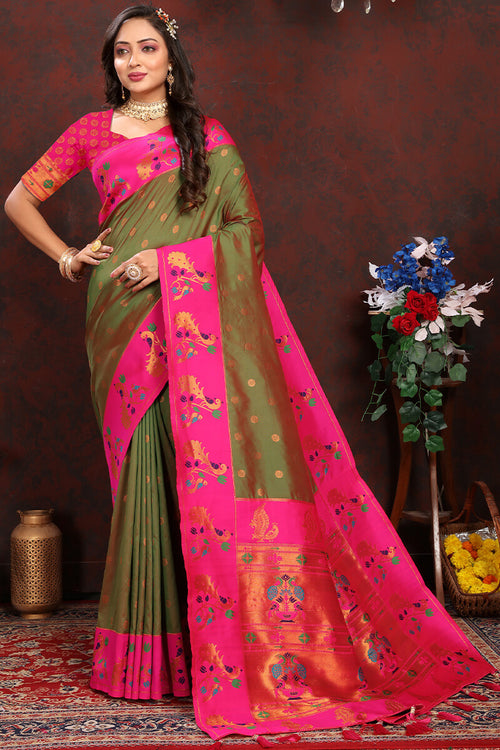 Load image into Gallery viewer, Breathtaking Mehndi Paithani Silk Saree With Designer Blouse Piece
