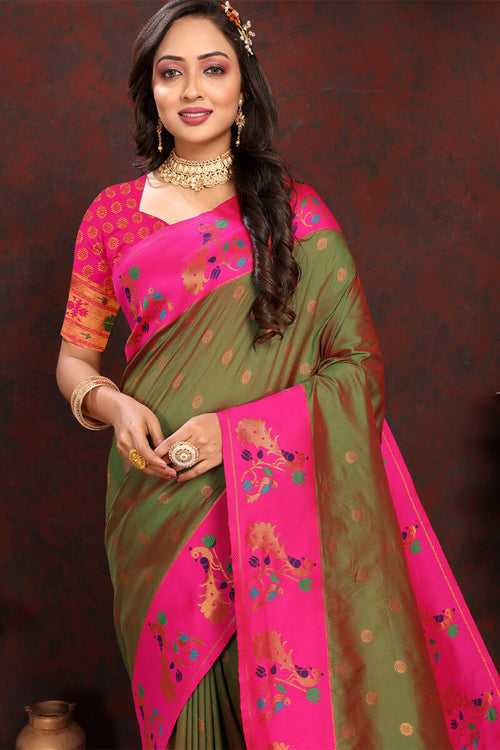 Load image into Gallery viewer, Breathtaking Mehndi Paithani Silk Saree With Designer Blouse Piece
