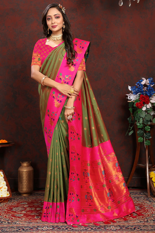 Load image into Gallery viewer, Breathtaking Mehndi Paithani Silk Saree With Designer Blouse Piece
