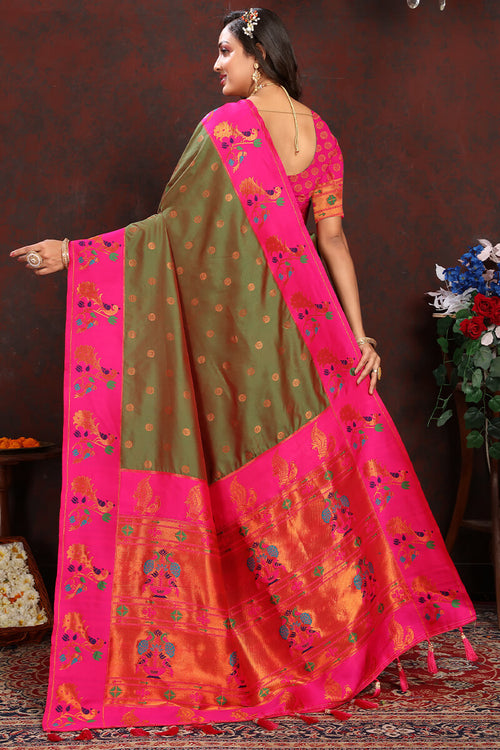 Load image into Gallery viewer, Breathtaking Mehndi Paithani Silk Saree With Designer Blouse Piece
