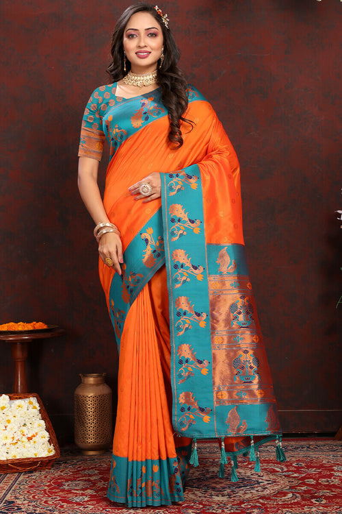 Load image into Gallery viewer, Surpassing Orange Paithani Silk Saree With Ethnic Blouse Piece
