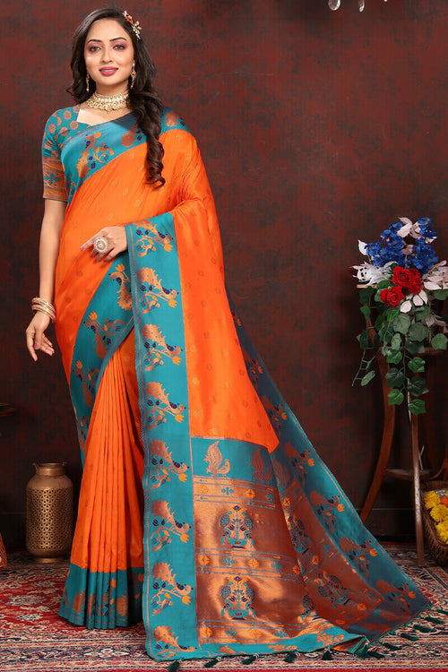 Load image into Gallery viewer, Surpassing Orange Paithani Silk Saree With Ethnic Blouse Piece
