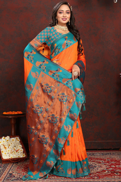 Surpassing Orange Paithani Silk Saree With Ethnic Blouse Piece