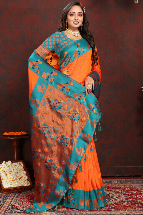 Load image into Gallery viewer, Surpassing Orange Paithani Silk Saree With Ethnic Blouse Piece
