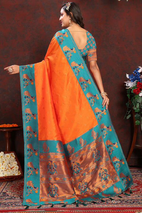 Load image into Gallery viewer, Surpassing Orange Paithani Silk Saree With Ethnic Blouse Piece
