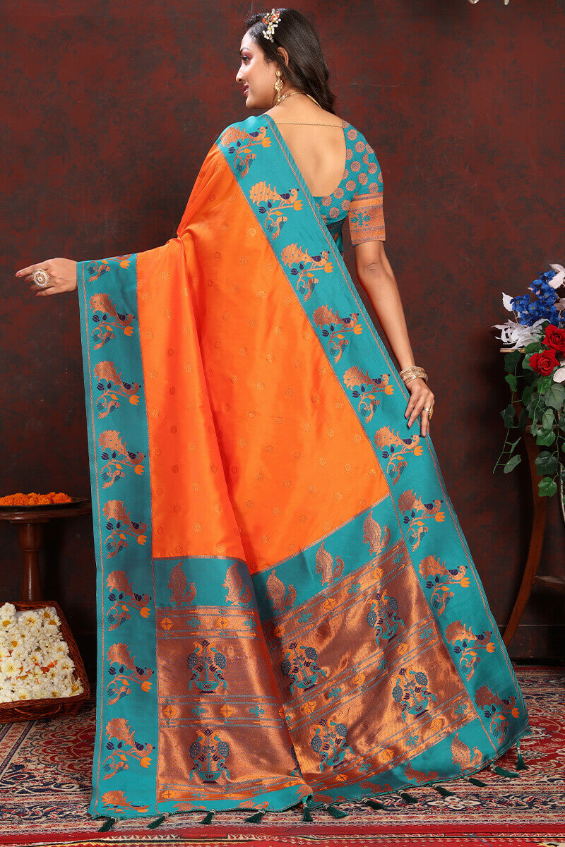 Surpassing Orange Paithani Silk Saree With Ethnic Blouse Piece