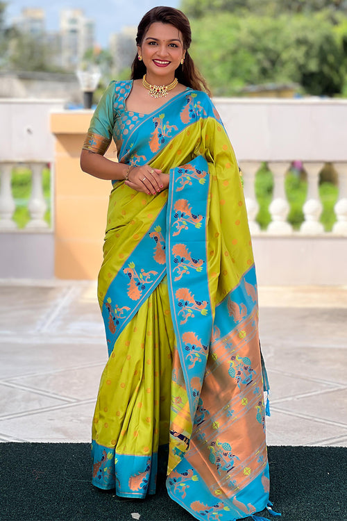 Load image into Gallery viewer, Opulent Parrot Paithani Silk Saree With Delightful Blouse Piece
