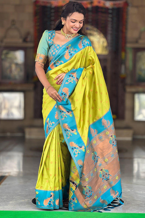 Load image into Gallery viewer, Opulent Parrot Paithani Silk Saree With Delightful Blouse Piece
