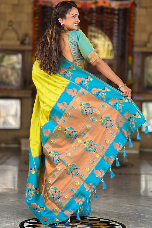 Load image into Gallery viewer, Opulent Parrot Paithani Silk Saree With Delightful Blouse Piece
