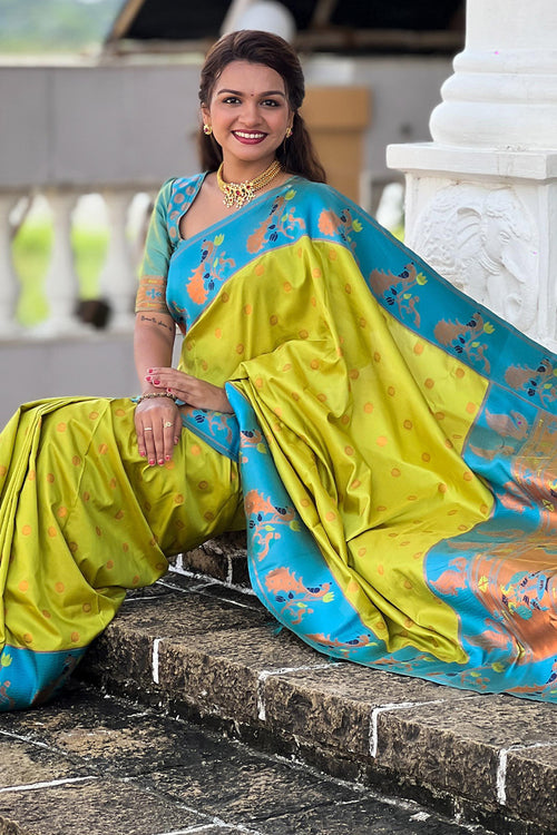 Load image into Gallery viewer, Opulent Parrot Paithani Silk Saree With Delightful Blouse Piece
