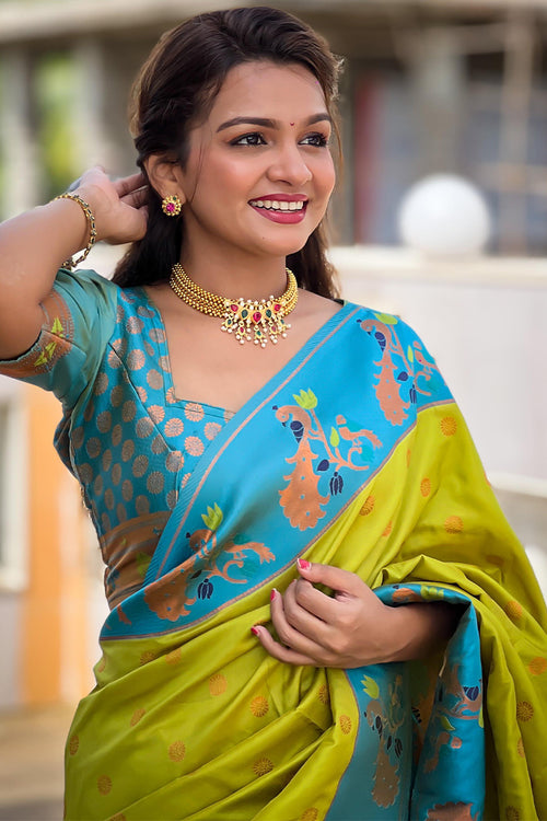 Load image into Gallery viewer, Opulent Parrot Paithani Silk Saree With Delightful Blouse Piece
