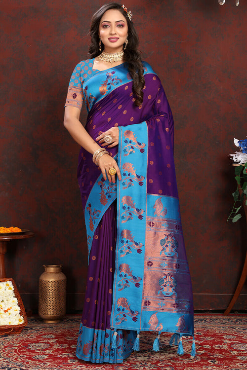 Load image into Gallery viewer, Flamboyant Purple Paithani Silk Saree With Jazzy Blouse Piece
