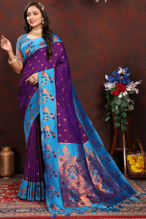 Load image into Gallery viewer, Flamboyant Purple Paithani Silk Saree With Jazzy Blouse Piece
