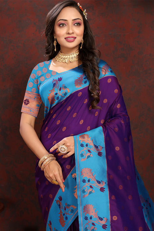 Load image into Gallery viewer, Flamboyant Purple Paithani Silk Saree With Jazzy Blouse Piece
