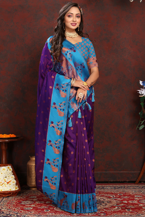 Load image into Gallery viewer, Flamboyant Purple Paithani Silk Saree With Jazzy Blouse Piece
