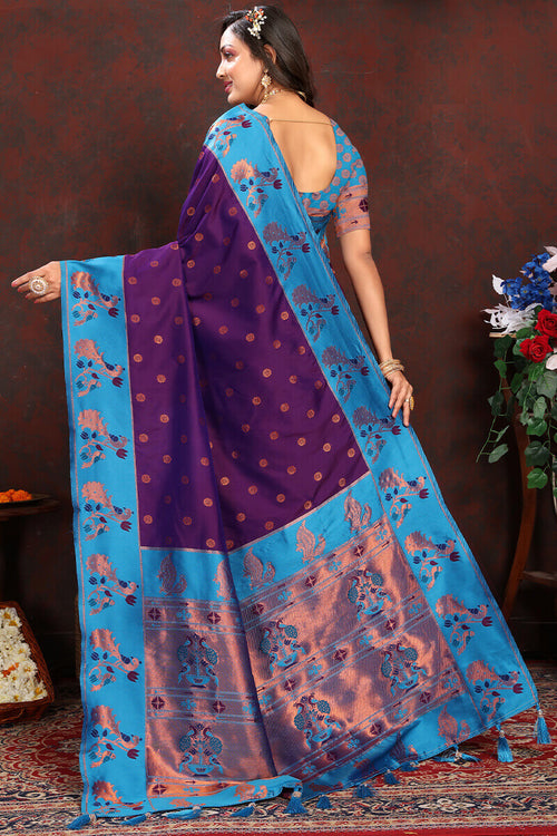 Load image into Gallery viewer, Flamboyant Purple Paithani Silk Saree With Jazzy Blouse Piece
