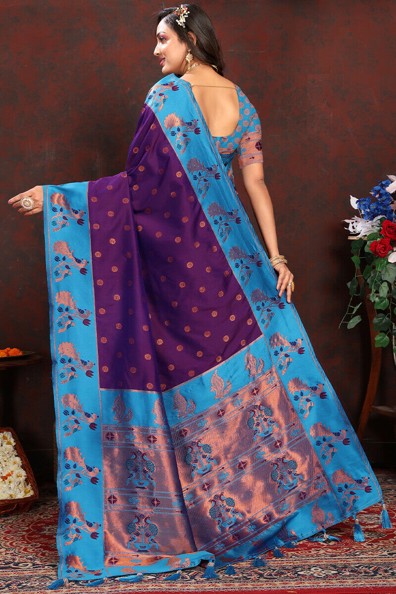 Flamboyant Purple Paithani Silk Saree With Jazzy Blouse Piece