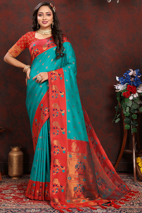 Load image into Gallery viewer, Sensational Sea Green Paithani Silk Saree With Amazing Blouse Piece
