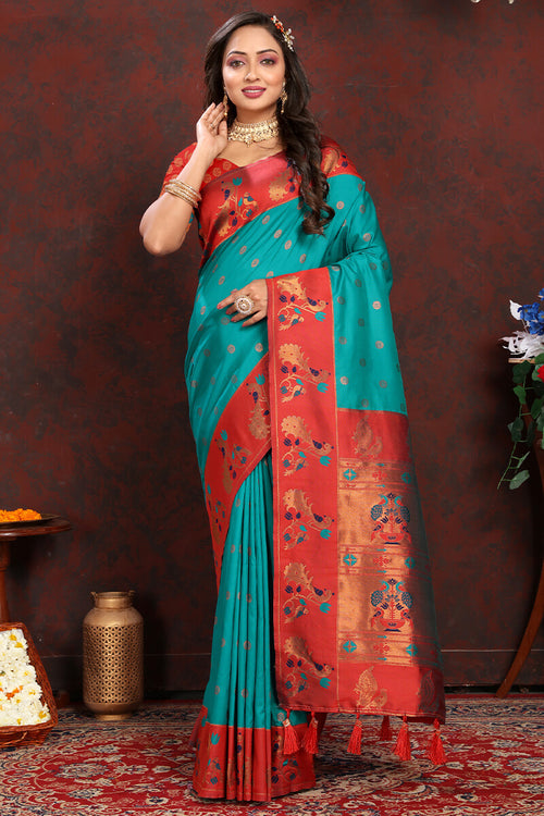 Load image into Gallery viewer, Sensational Sea Green Paithani Silk Saree With Amazing Blouse Piece
