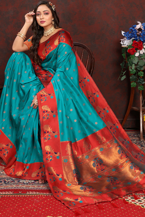 Load image into Gallery viewer, Sensational Sea Green Paithani Silk Saree With Amazing Blouse Piece
