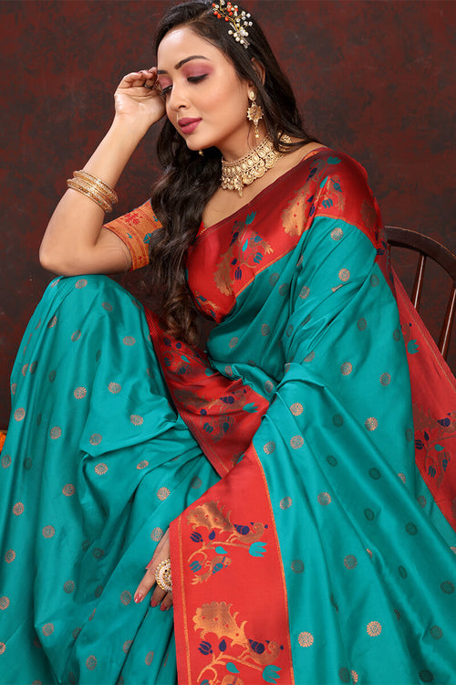 Load image into Gallery viewer, Sensational Sea Green Paithani Silk Saree With Amazing Blouse Piece
