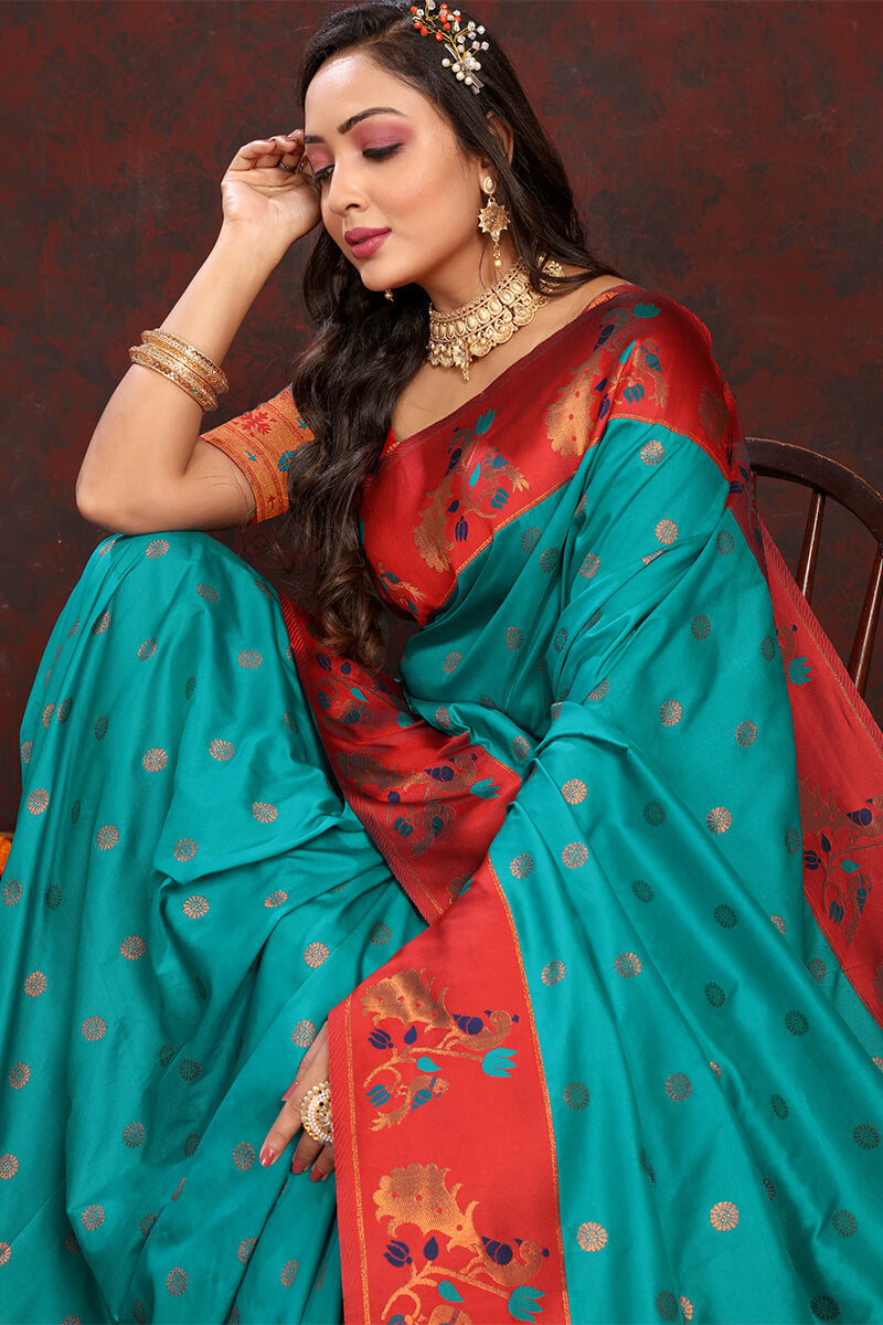 Sensational Sea Green Paithani Silk Saree With Amazing Blouse Piece