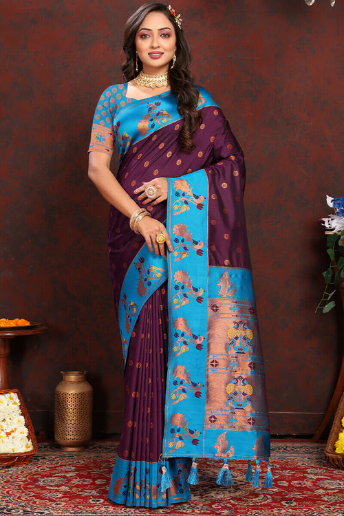 Load image into Gallery viewer, Extraordinary Wine Paithani Silk Saree With Gratifying Blouse Piece
