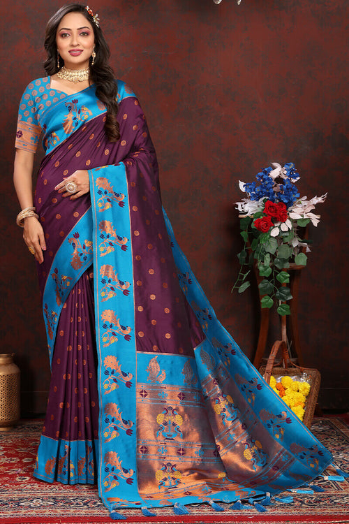 Load image into Gallery viewer, Extraordinary Wine Paithani Silk Saree With Gratifying Blouse Piece
