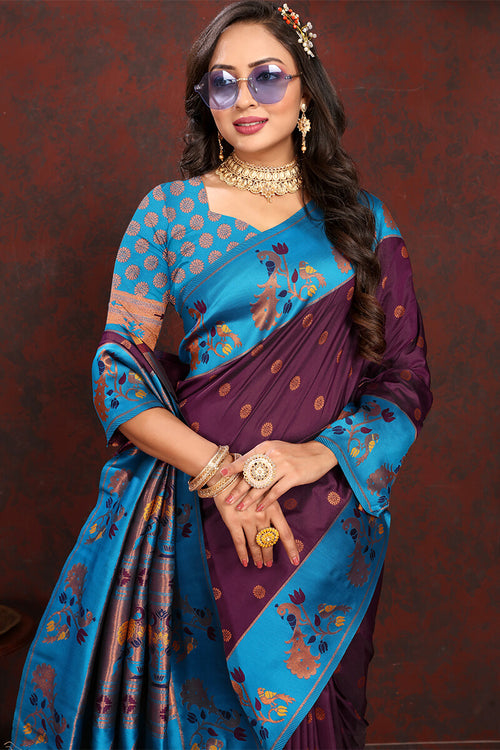 Load image into Gallery viewer, Extraordinary Wine Paithani Silk Saree With Gratifying Blouse Piece
