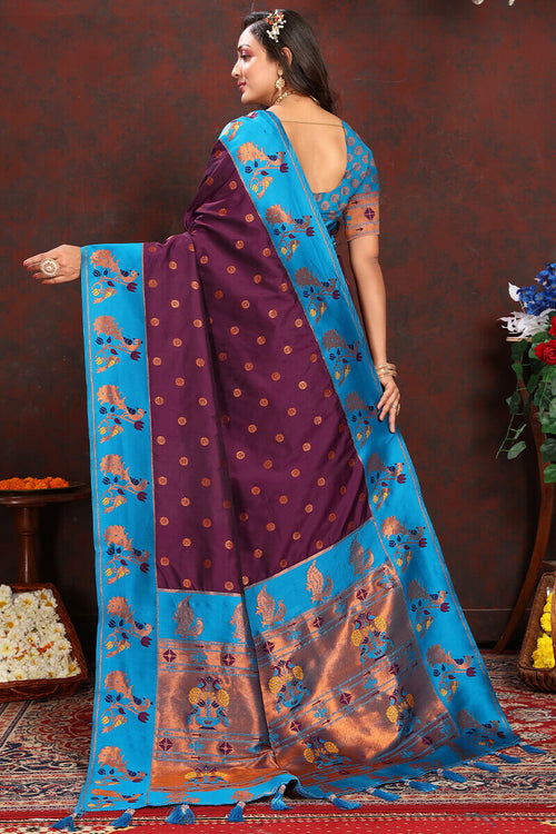 Load image into Gallery viewer, Extraordinary Wine Paithani Silk Saree With Gratifying Blouse Piece
