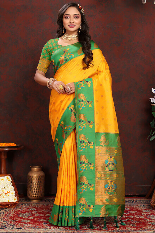 Load image into Gallery viewer, Desiring Yellow Paithani Silk Saree With Ravishing Blouse Piece
