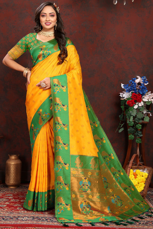 Load image into Gallery viewer, Desiring Yellow Paithani Silk Saree With Ravishing Blouse Piece
