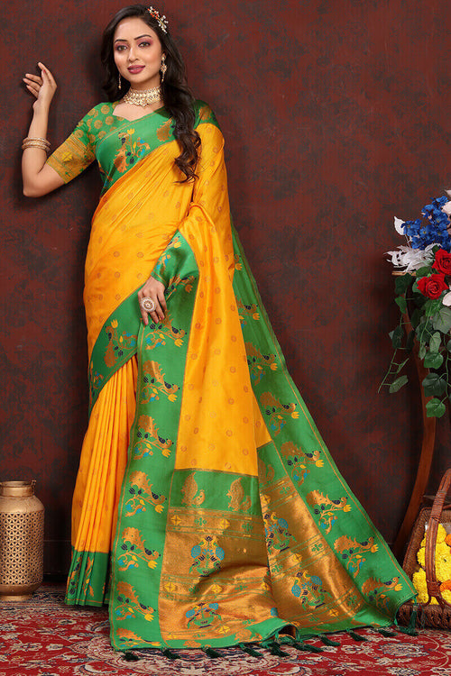 Load image into Gallery viewer, Desiring Yellow Paithani Silk Saree With Ravishing Blouse Piece
