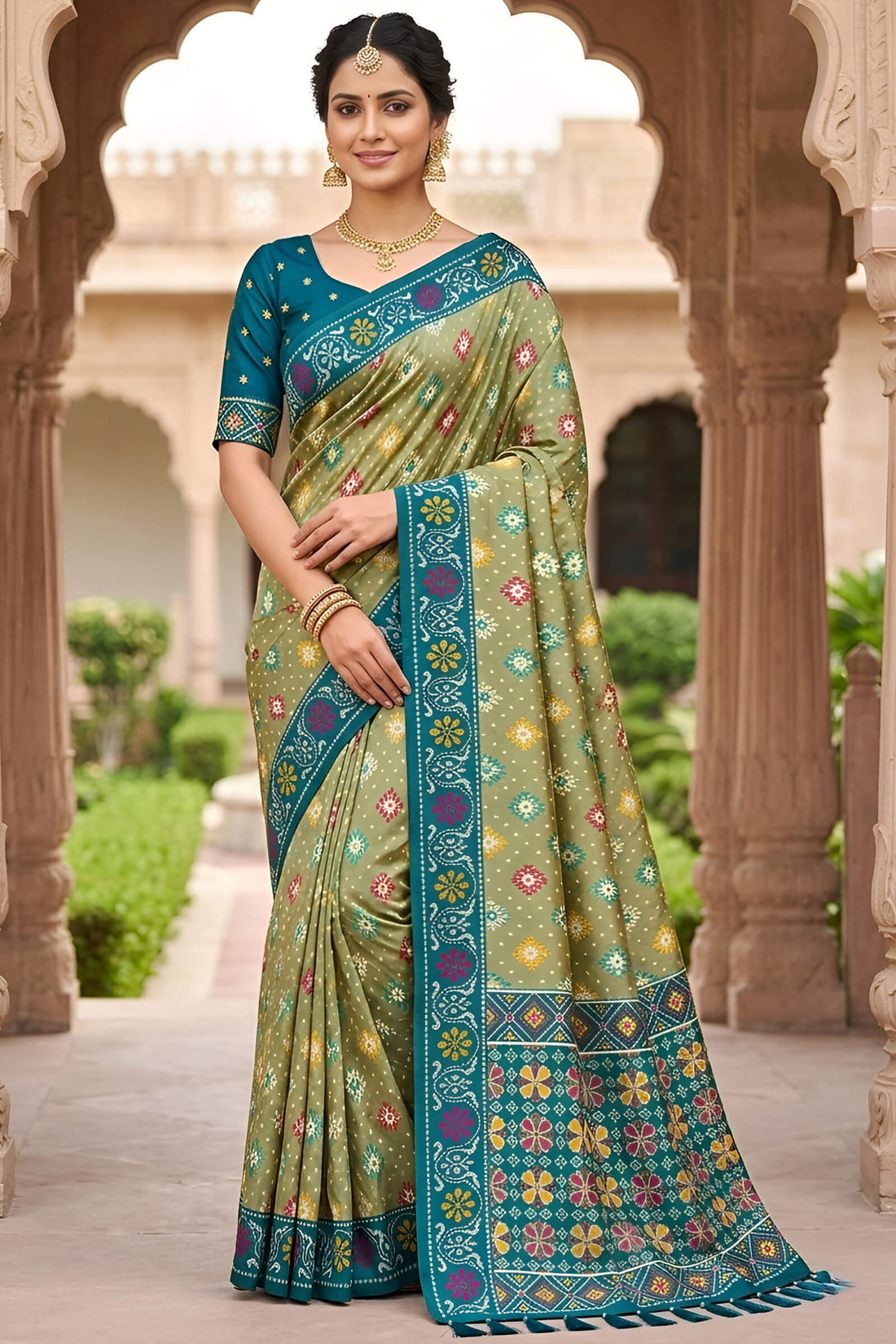Divine Pista Patola Silk Saree with Vibrant Blouse Piece
