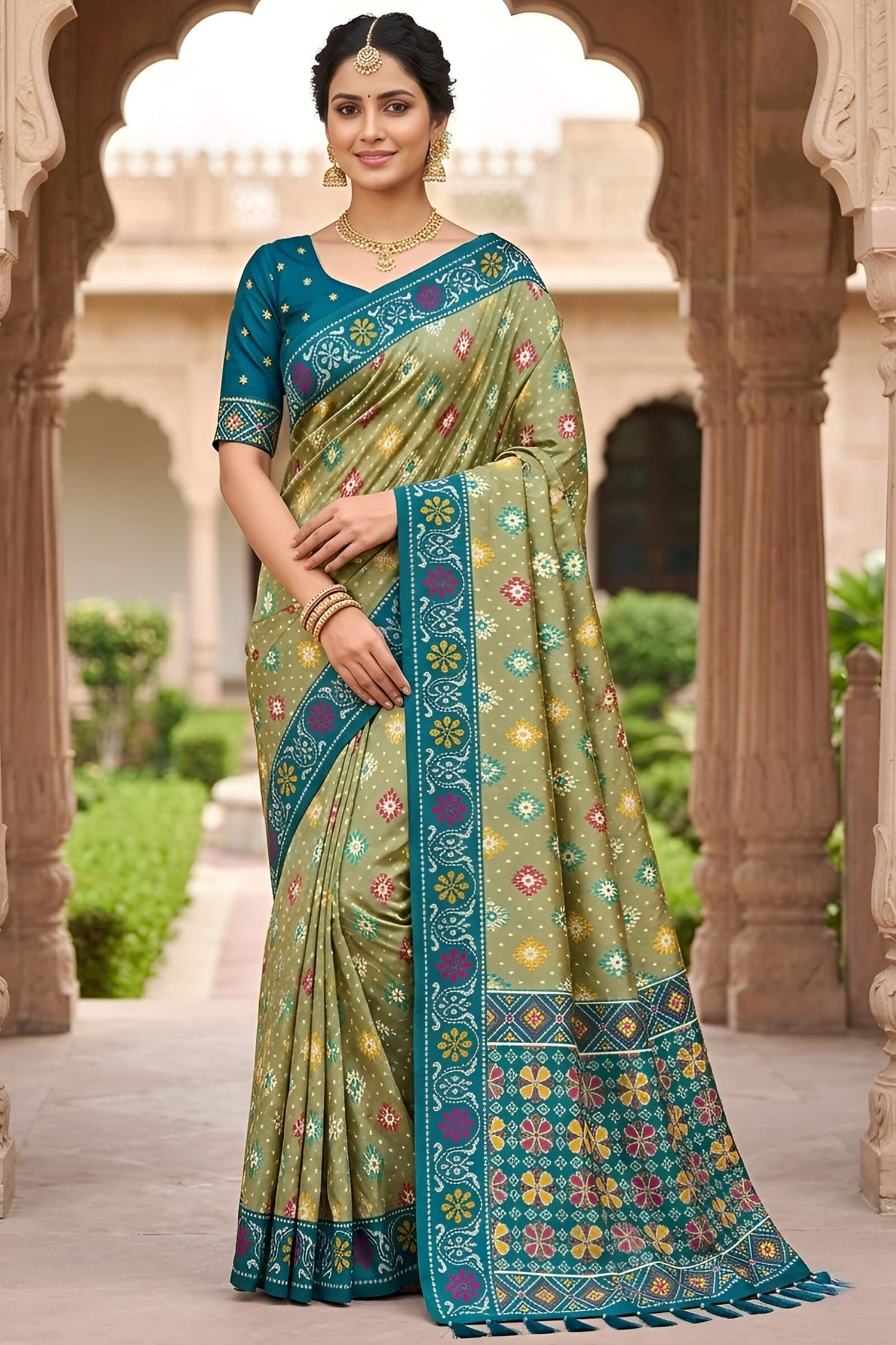 Divine Pista Patola Silk Saree with Vibrant Blouse Piece