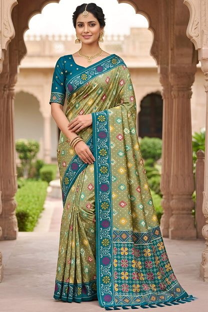 Divine Pista Patola Silk Saree with Vibrant Blouse Piece