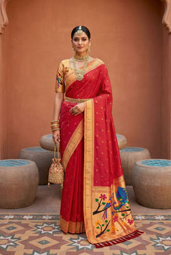 Resonant Red Paithani Silk Saree With Incredible Blouse Piece
