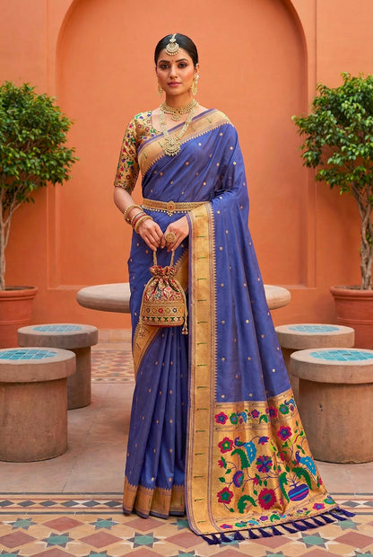 Capricious Blue Paithani Silk Saree With Nebula Blouse Piece
