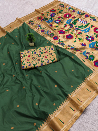 Fairytale Dark Green Paithani Silk Saree With Quixotic Blouse Piece