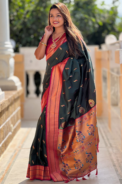 Impressive Dark Green Paithani Silk Saree With Adorning Blouse Piece