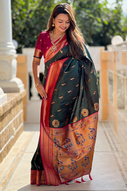 Impressive Dark Green Paithani Silk Saree With Adorning Blouse Piece