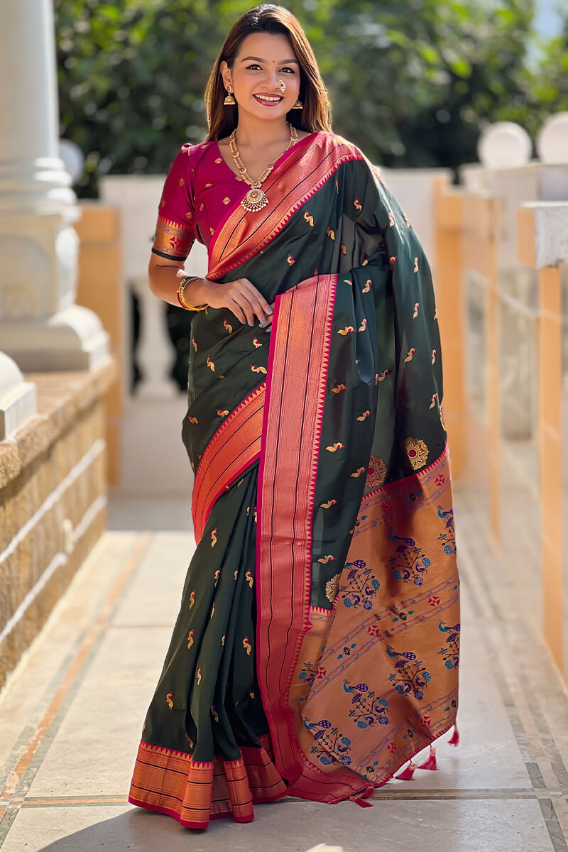 Impressive Dark Green Paithani Silk Saree With Adorning Blouse Piece