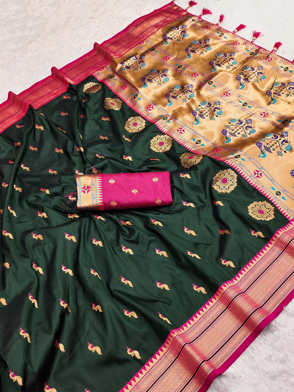 Impressive Dark Green Paithani Silk Saree With Adorning Blouse Piece